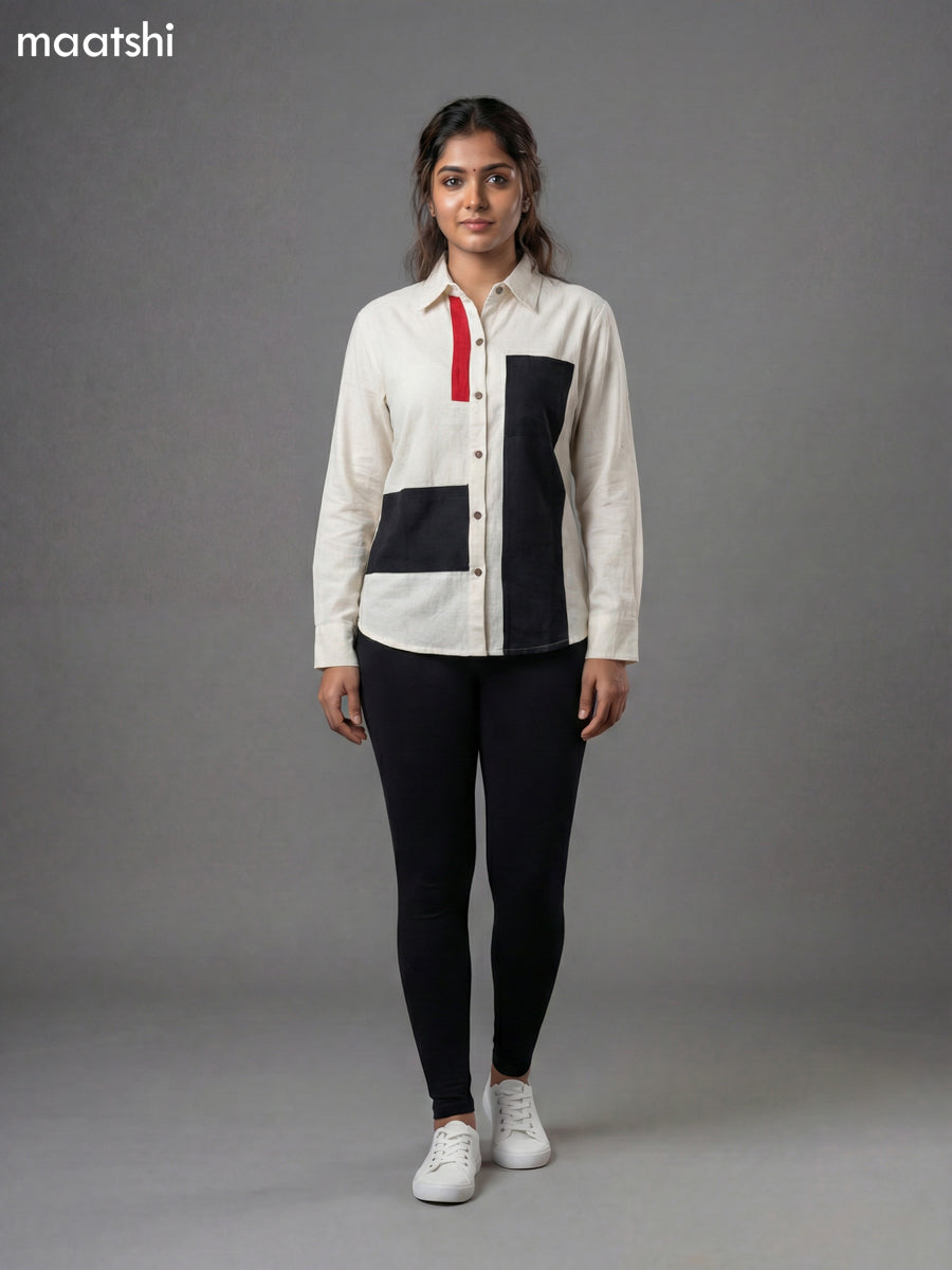 Off White and Black Red Cotton Collar Neck Pattern Women Shirt