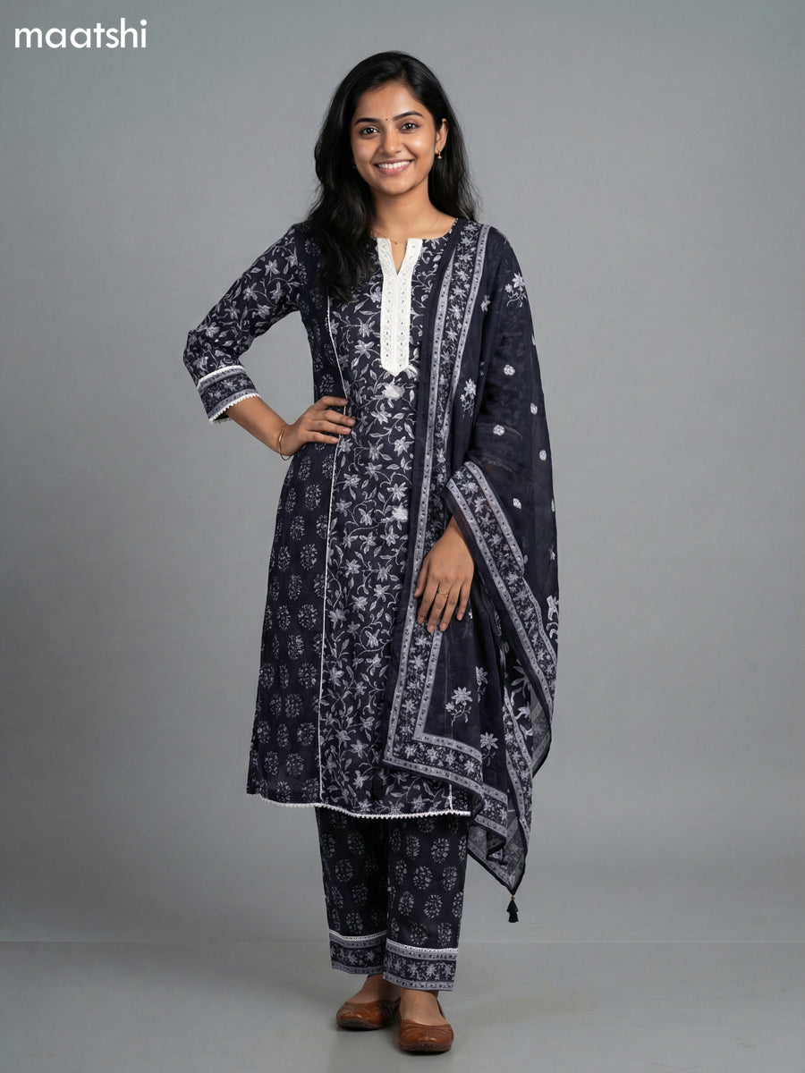 Black Cotton Printed Straight Suit