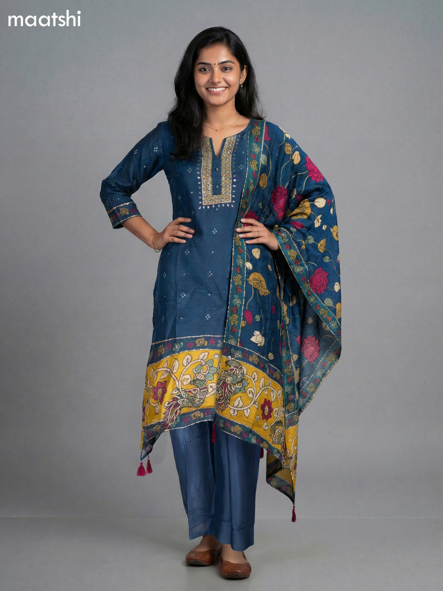 Peacock Blue Muslin Bandhini Printed Fish Cut Suit