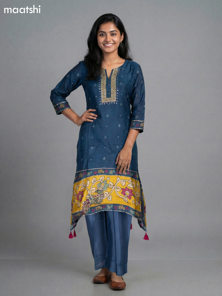 Peacock Blue Muslin Bandhini Printed Fish Cut Suit