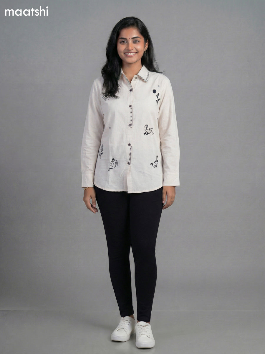 Off White Cotton Embroidered Women Shirt