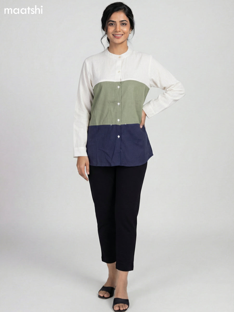 Beige and Pastel Green Blue Cotton Embroidered Women Shirt