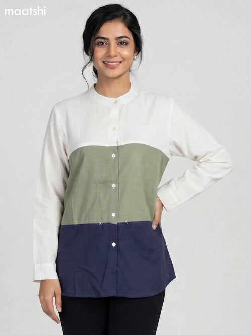 Beige and Pastel Green Blue Cotton Embroidered Women Shirt