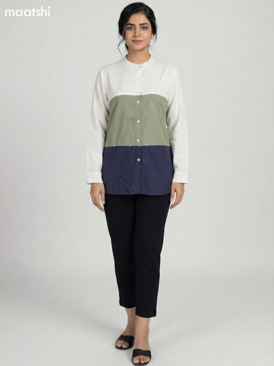 Beige and Pastel Green Blue Cotton Embroidered Women Shirt