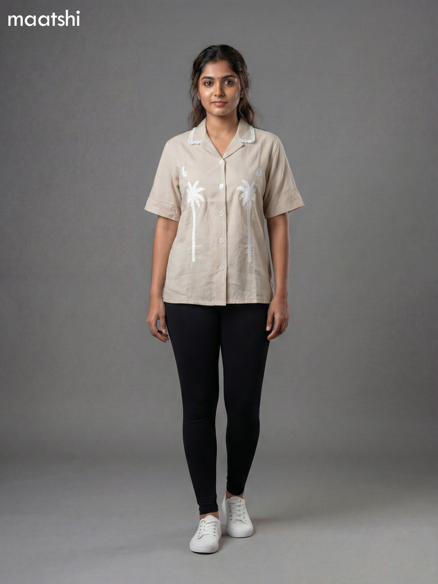 Pastel Brown Cotton Embroidered Women Shirt