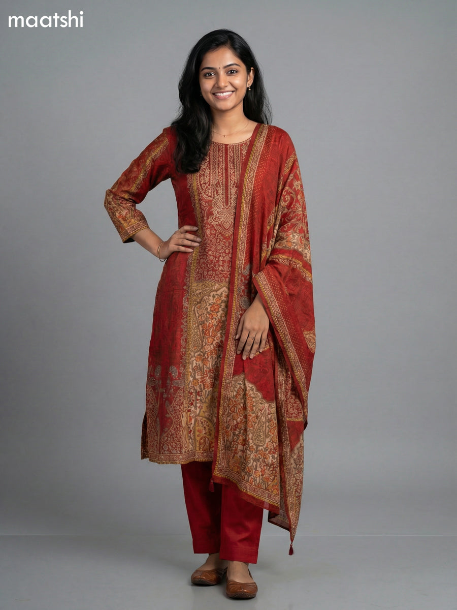 Kumkum Red and Beige Muslin Printed Straight Suit