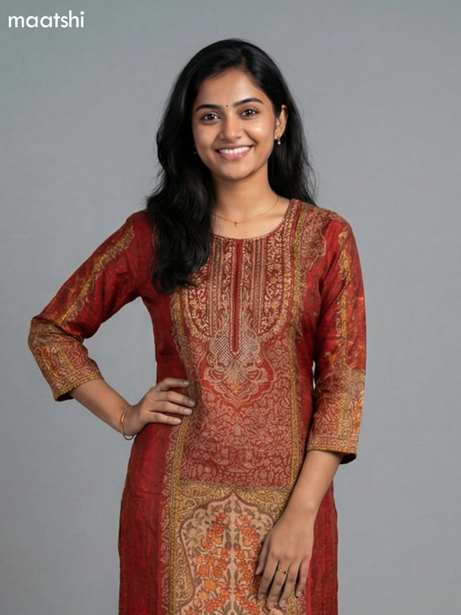 Kumkum Red and Beige Muslin Printed Straight Suit