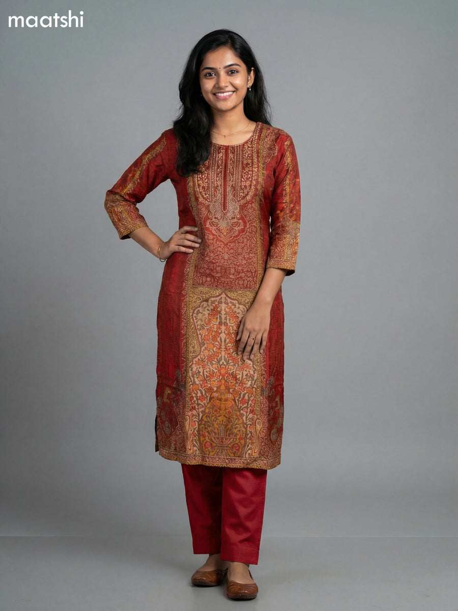 Kumkum Red and Beige Muslin Printed Straight Suit