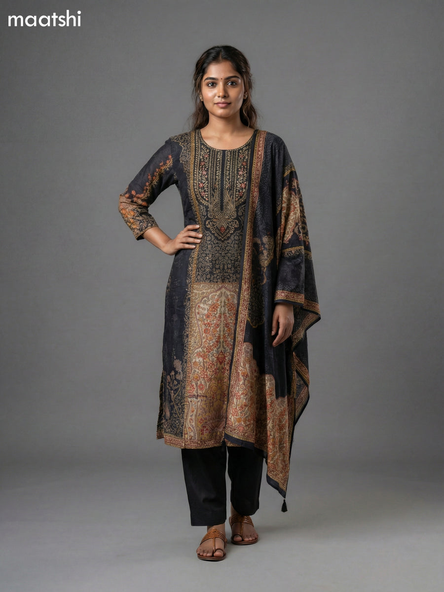 Black and Beige Muslin Printed Straight Suit