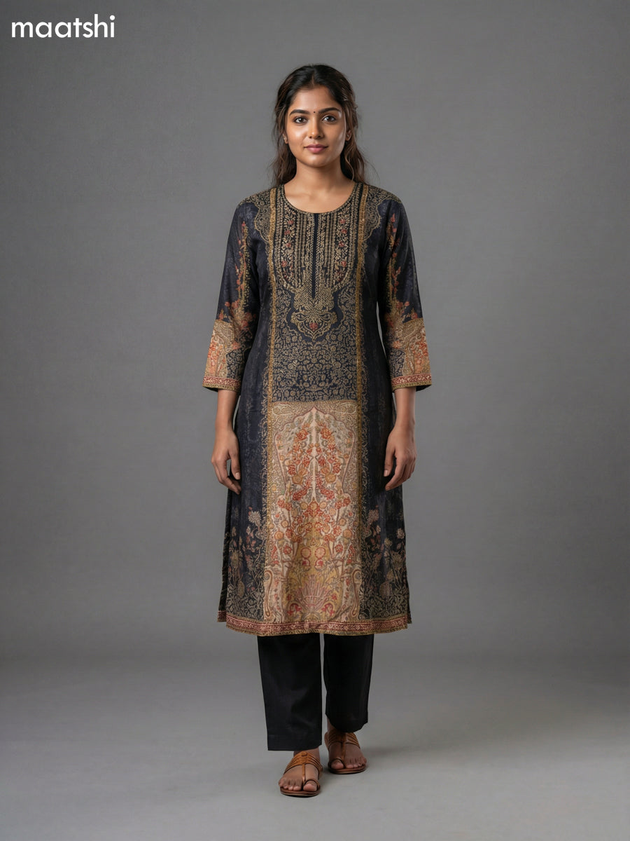 Black and Beige Muslin Printed Straight Suit