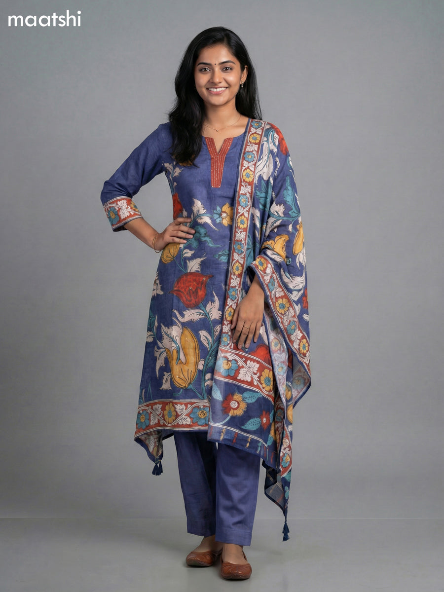 Blue Muslin Kalamkari Printed Fish Cut Suit