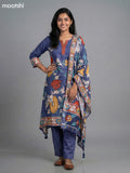 Blue Muslin Kalamkari Printed Fish Cut Suit