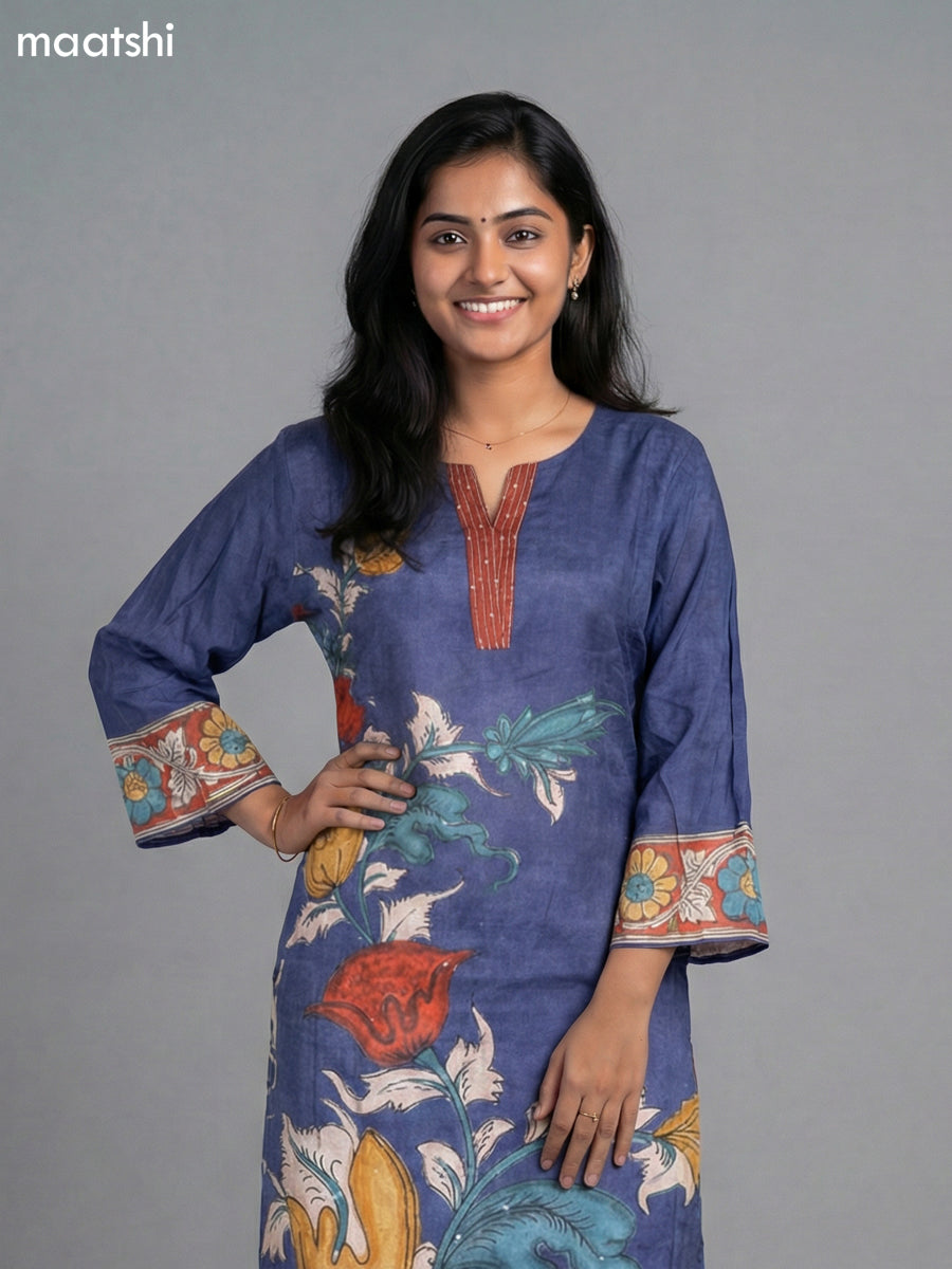 Blue Muslin Kalamkari Printed Fish Cut Suit