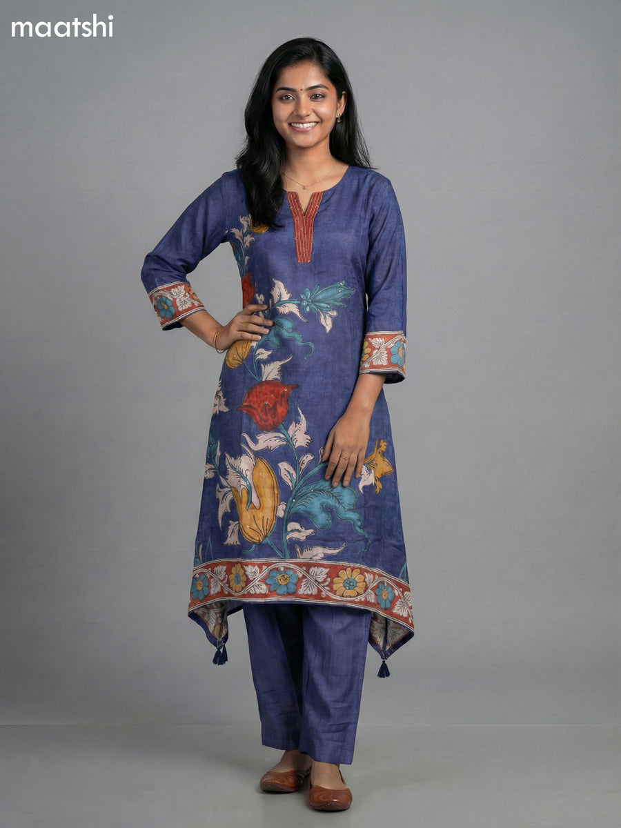 Blue Muslin Kalamkari Printed Fish Cut Suit