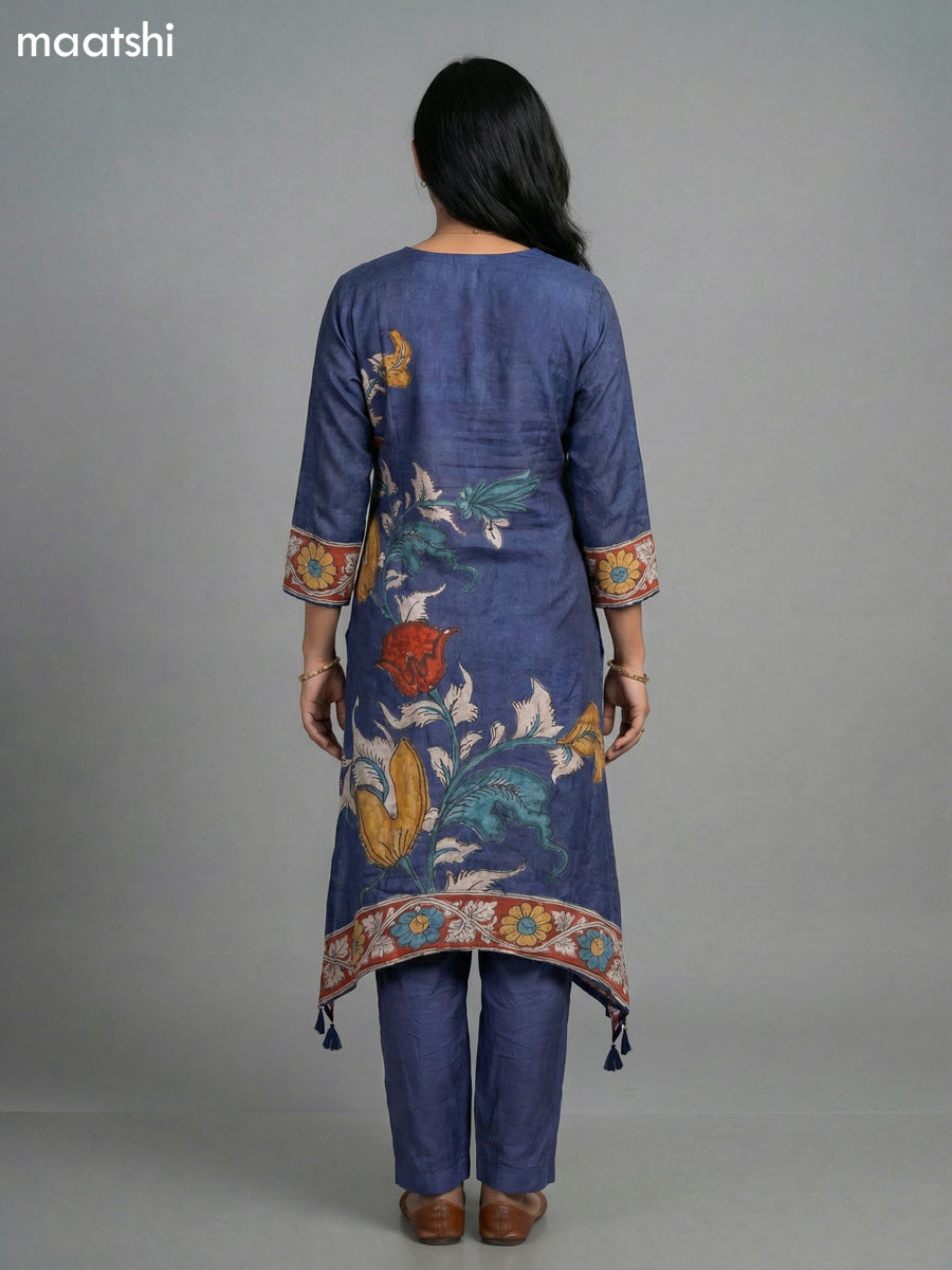 Blue Muslin Kalamkari Printed Fish Cut Suit