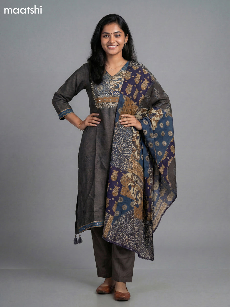 Elephant Grey Muslin Ajrakh Printed Fish Cut Suit