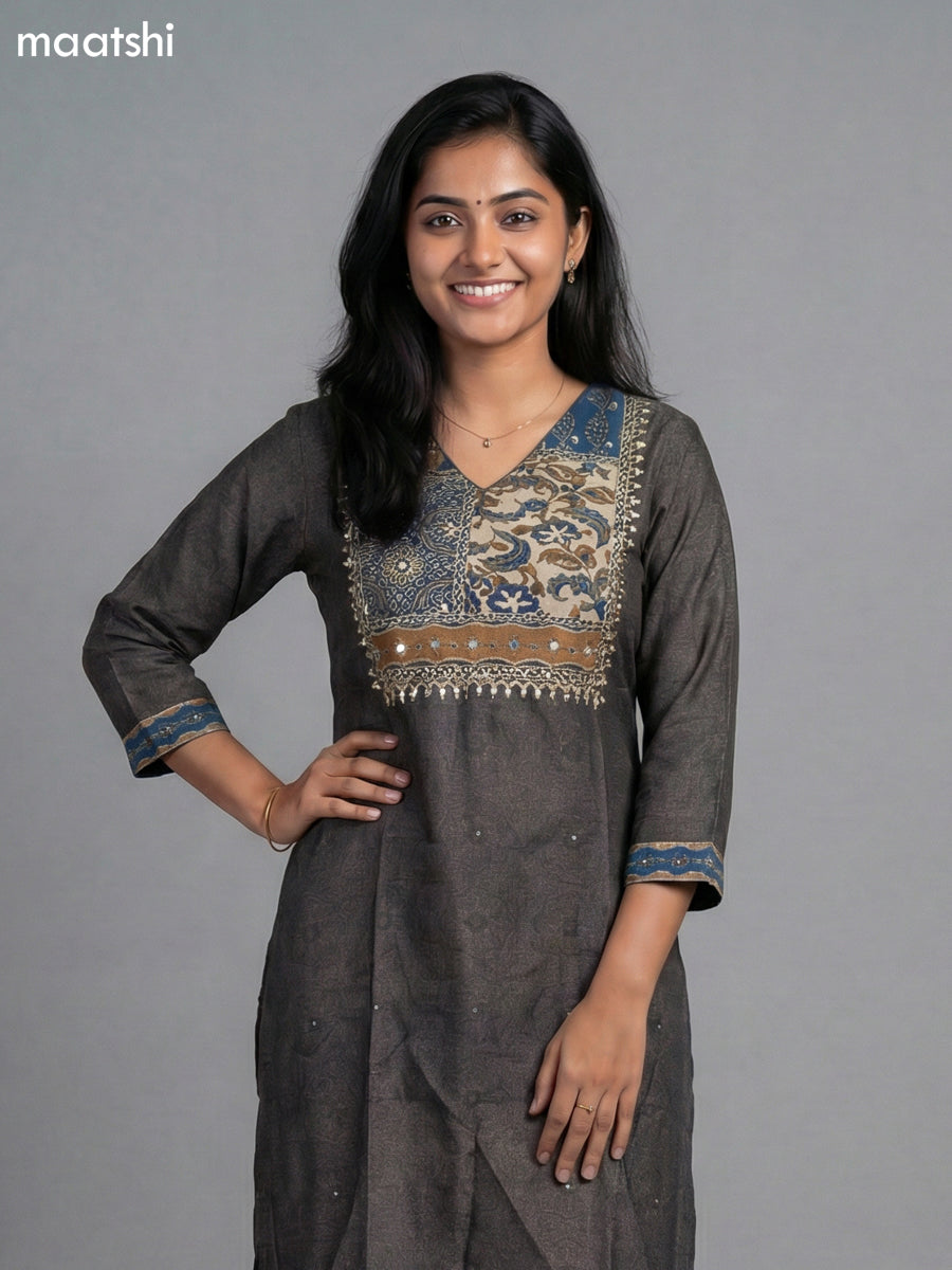 Elephant Grey Muslin Ajrakh Printed Fish Cut Suit