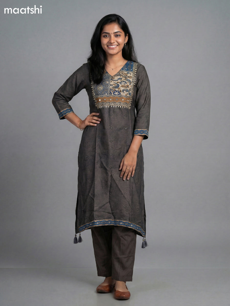 Elephant Grey Muslin Ajrakh Printed Fish Cut Suit