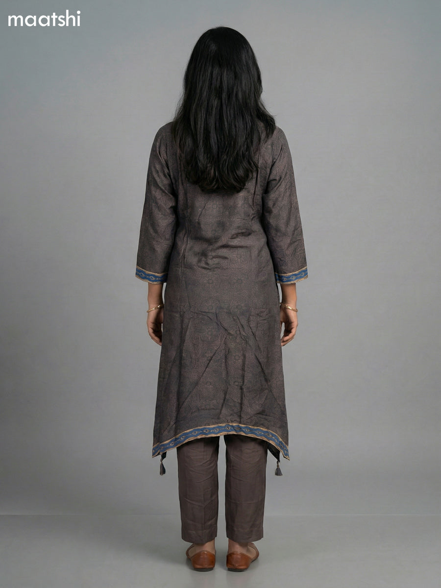 Elephant Grey Muslin Ajrakh Printed Fish Cut Suit