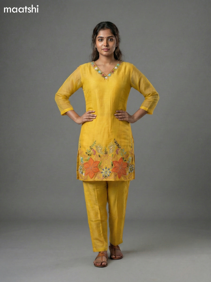 Yellow Mul Chanderi Embroidery Work Short Kurti Set