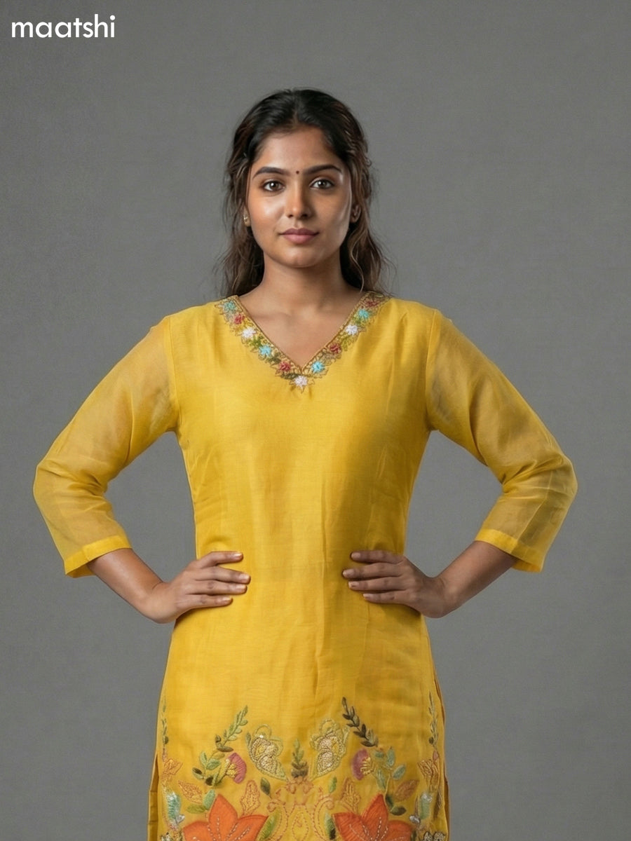 Yellow Mul Chanderi Embroidery Work Short Kurti Set Straight Cut Pant