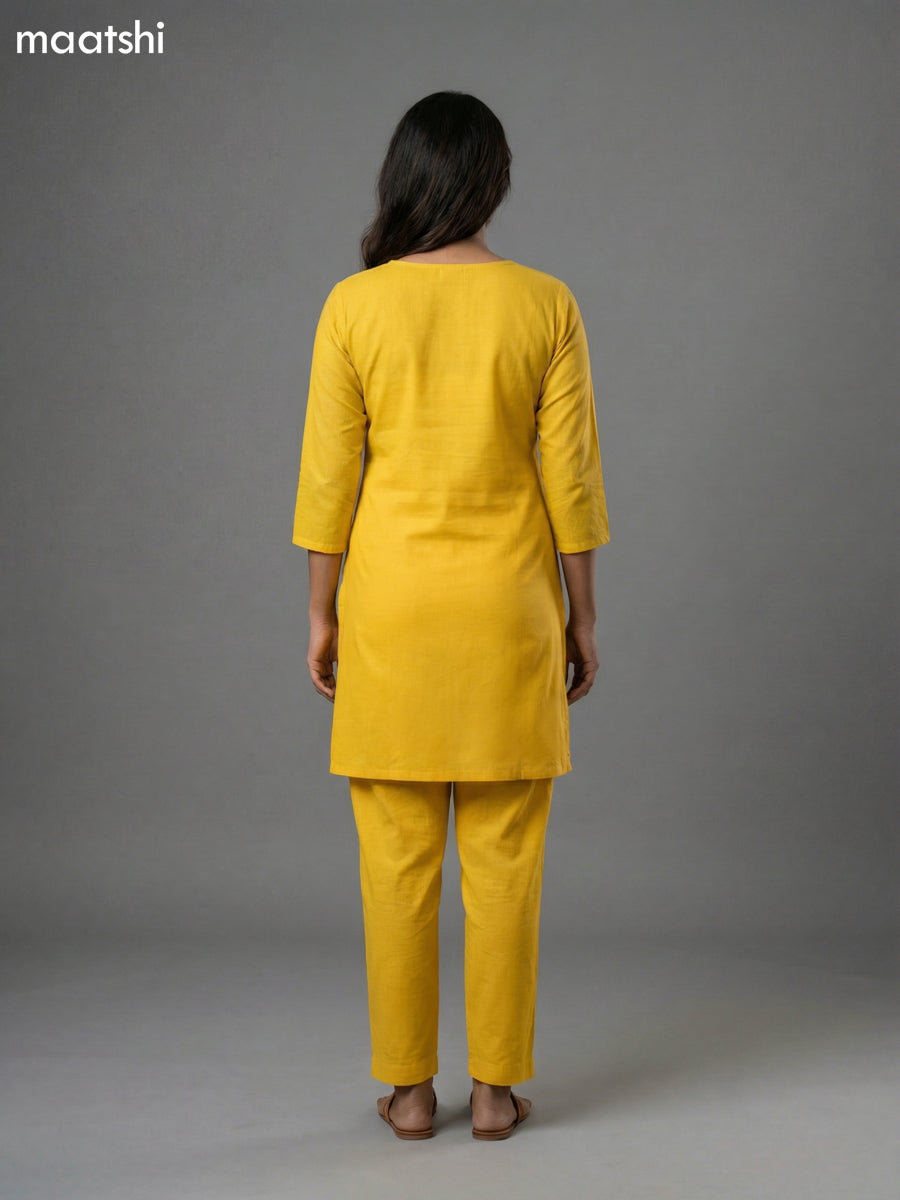 Yellow Mul Chanderi Embroidery Work Short Kurti Set Straight Cut Pant