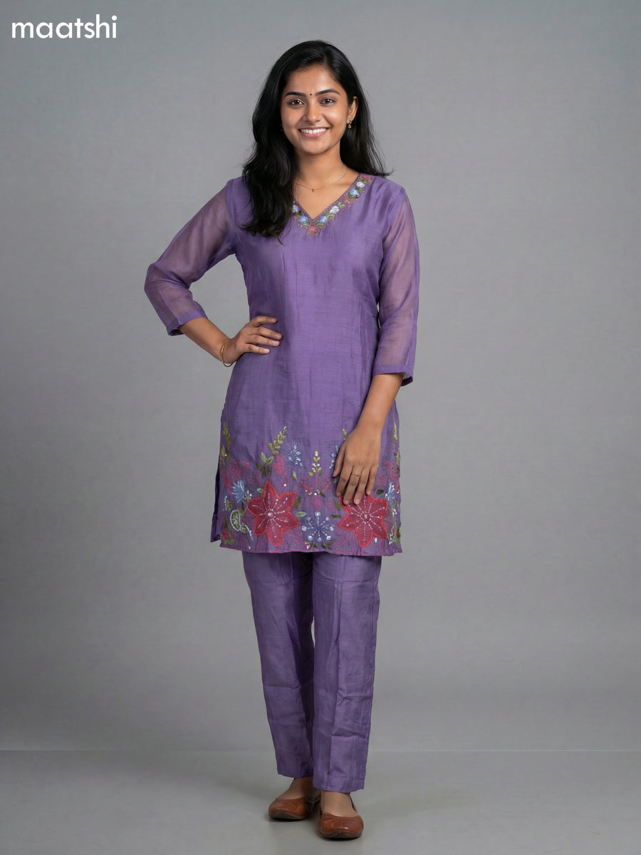 Lavender Mul Chanderi Embroidery Work Short Kurti Set Straight Cut Pant