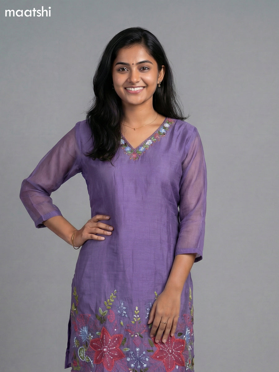 Lavender Mul Chanderi Embroidery Work Short Kurti Set Straight Cut Pant