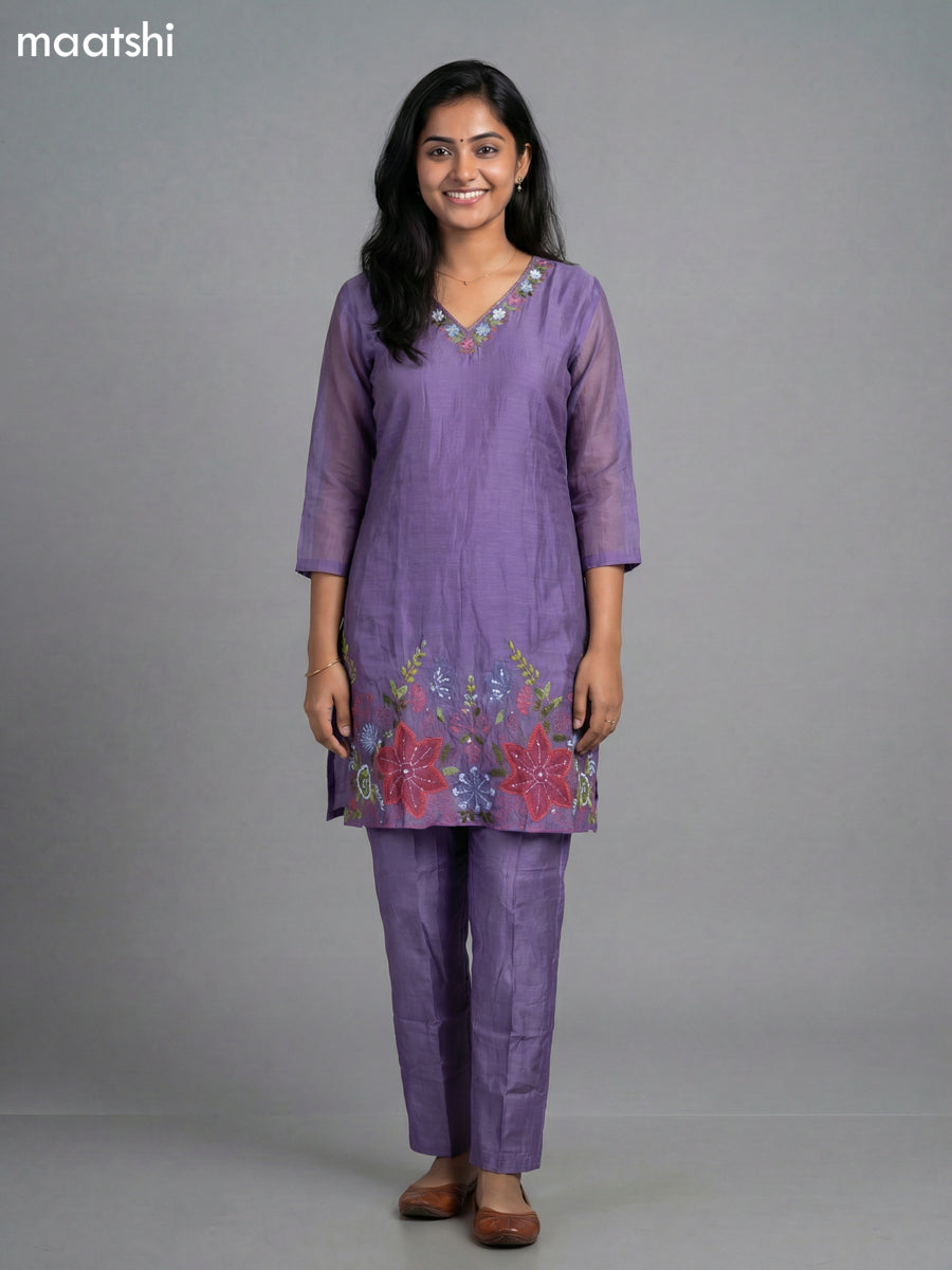 Lavender Mul Chanderi Embroidery Work Short Kurti Set Straight Cut Pant