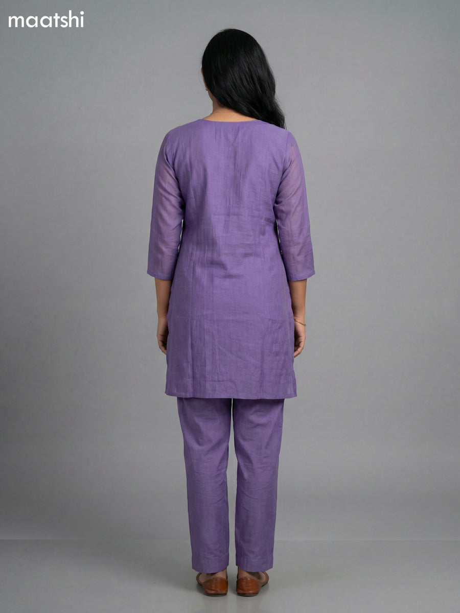Lavender Mul Chanderi Embroidery Work Short Kurti Set Straight Cut Pant