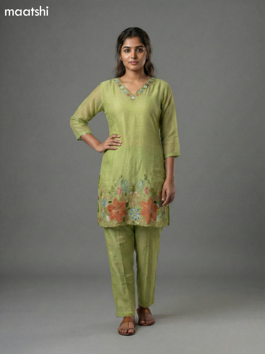 Light Green Mul Chanderi Embroidery Work Short Kurti Set Straight Cut Pant