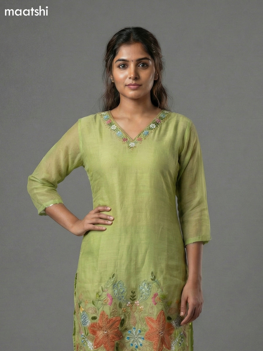 Light Green Mul Chanderi Embroidery Work Short Kurti Set Straight Cut Pant