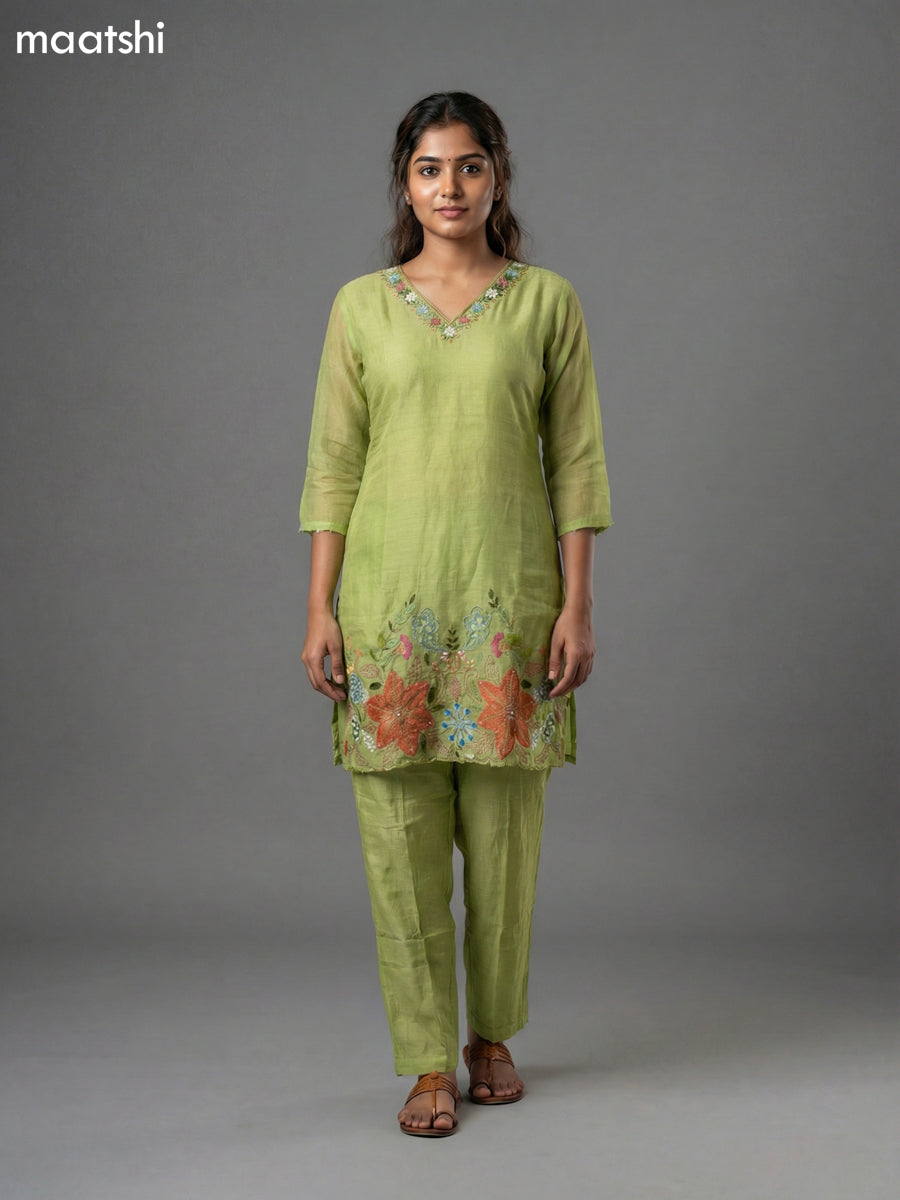 Light Green Mul Chanderi Embroidery Work Short Kurti Set Straight Cut Pant
