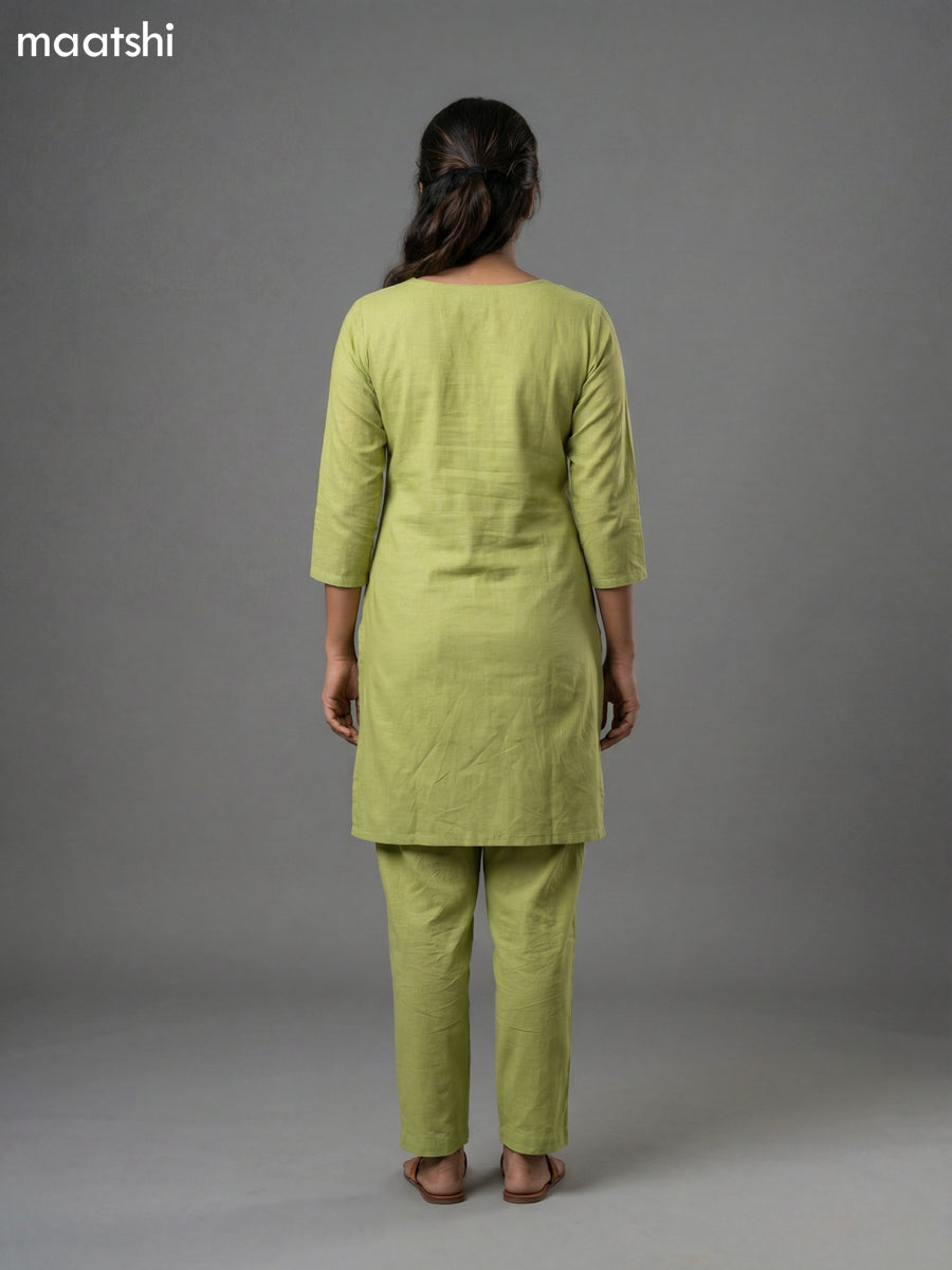 Light Green Mul Chanderi Embroidery Work Short Kurti Set Straight Cut Pant