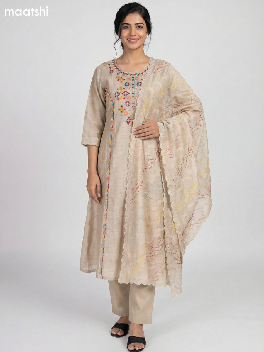 Beige Mul Chanderi Embroidery Work Anarkali Suit