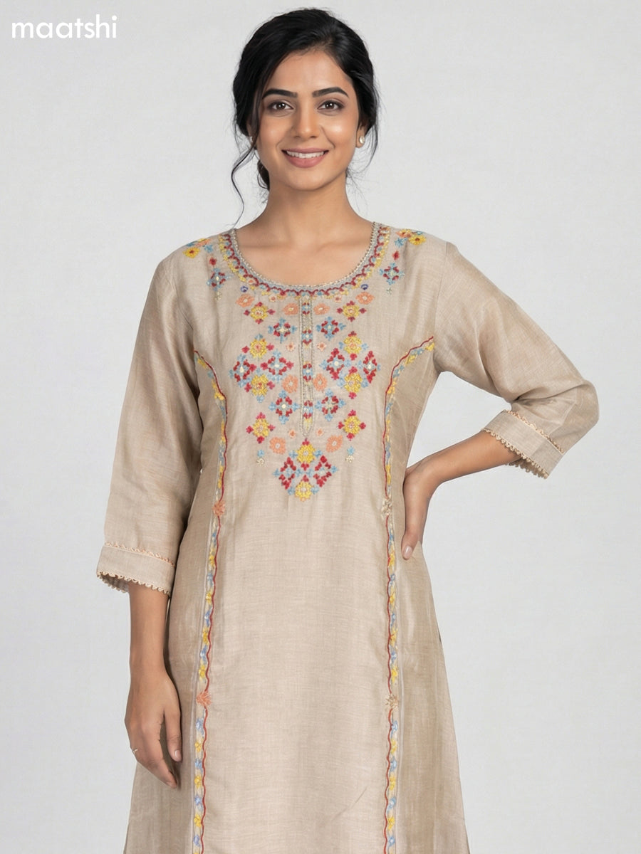 Beige Mul Chanderi Embroidery Work Anarkali Suit