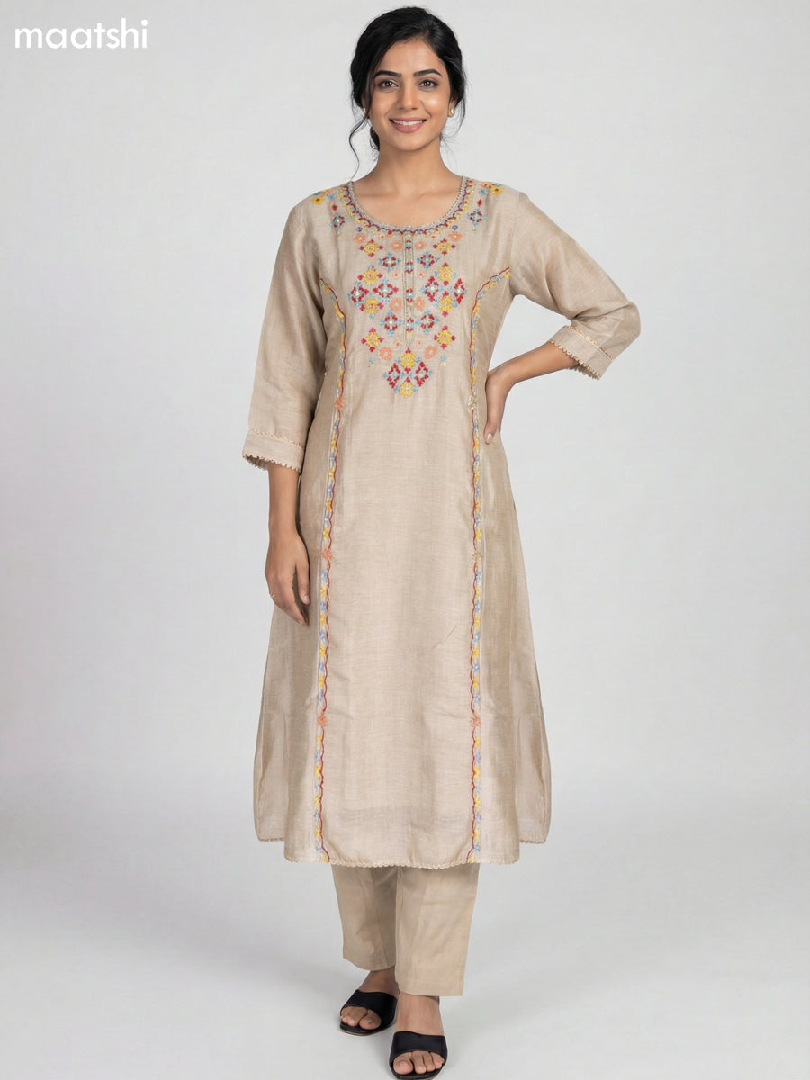 Beige Mul Chanderi Embroidery Work Anarkali Suit