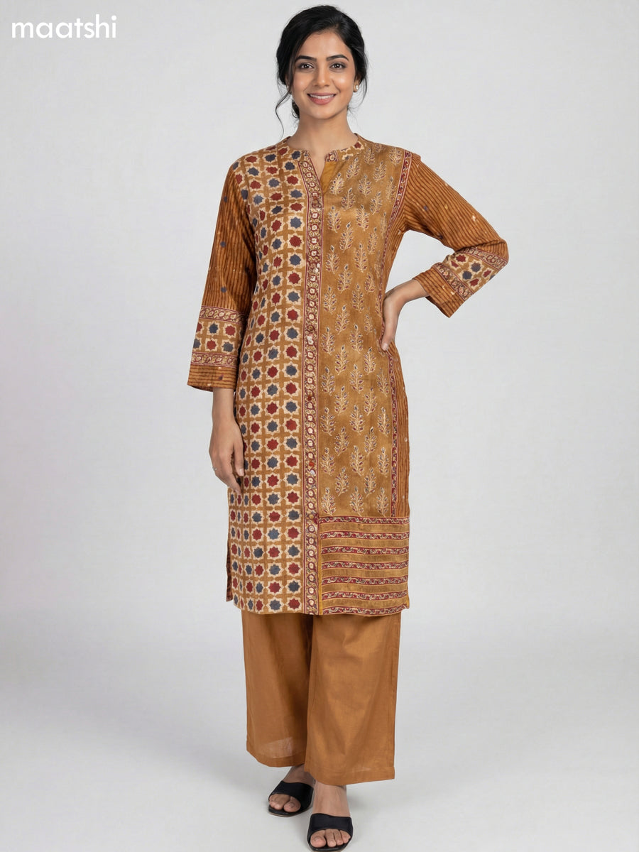 Dark Mustard Crepe Silk Ajrakh Printed Kurti Set Semi Palazzo Pant