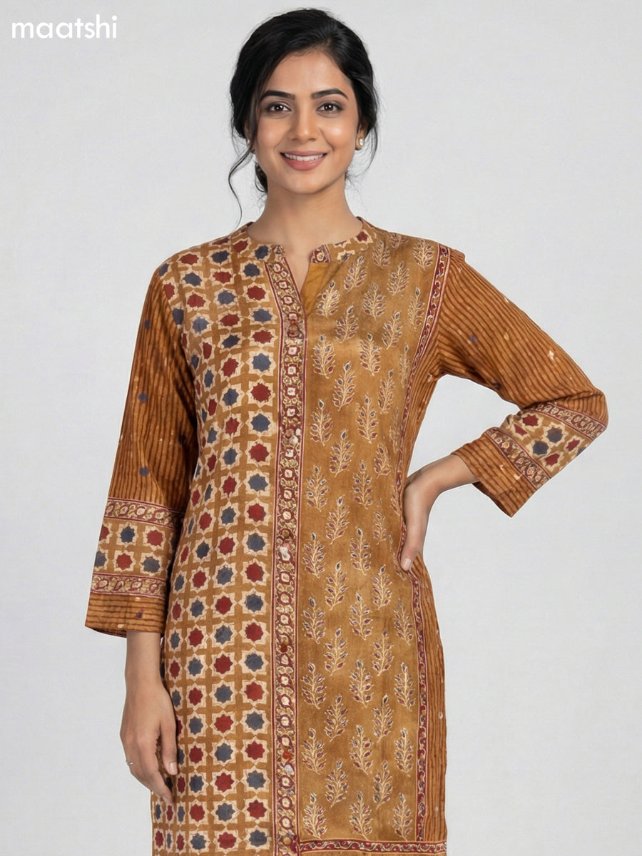 Dark Mustard Crepe Silk Ajrakh Printed Kurti Set Semi Palazzo Pant