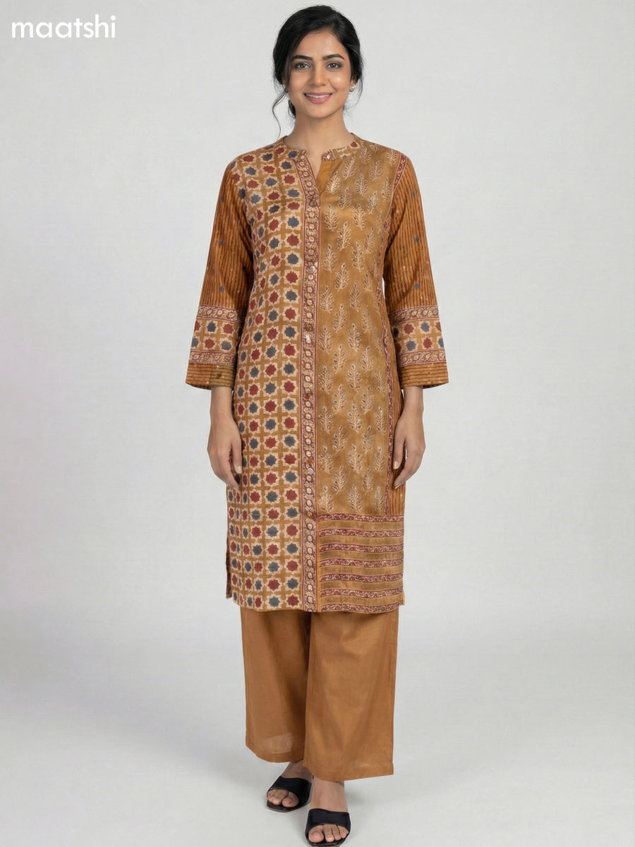 Dark Mustard Crepe Silk Ajrakh Printed Kurti Set Semi Palazzo Pant