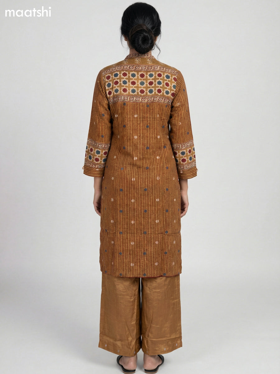 Dark Mustard Crepe Silk Ajrakh Printed Kurti Set Semi Palazzo Pant