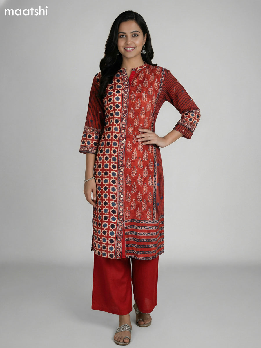 Kumkum Red Crepe Silk Ajrakh Printed Kurti Set Semi Palazzo Pant