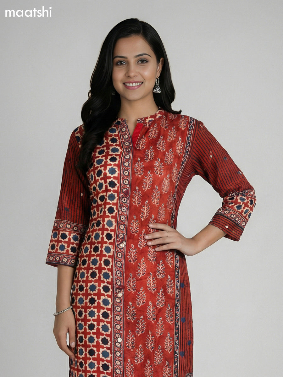 Kumkum Red Crepe Silk Ajrakh Printed Kurti Set Semi Palazzo Pant