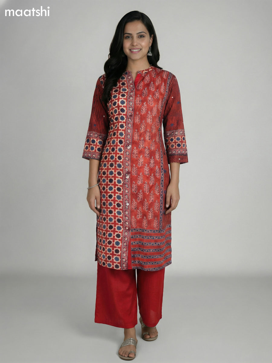 Kumkum Red Crepe Silk Ajrakh Printed Kurti Set Semi Palazzo Pant