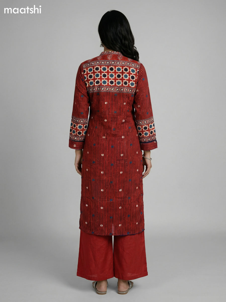 Kumkum Red Crepe Silk Ajrakh Printed Kurti Set Semi Palazzo Pant