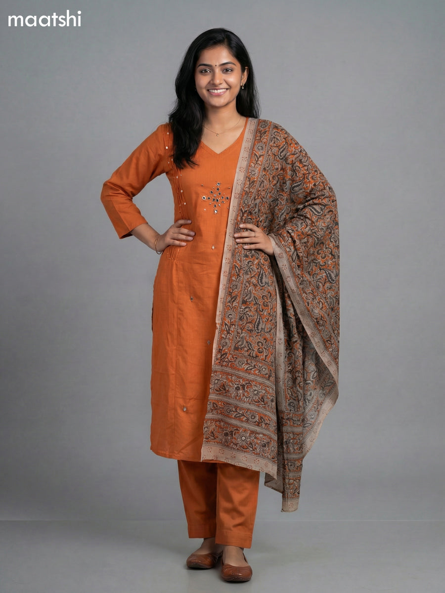 Orange Shade Cotton Mirror Work With Angrakha Pattern A-Line Suit