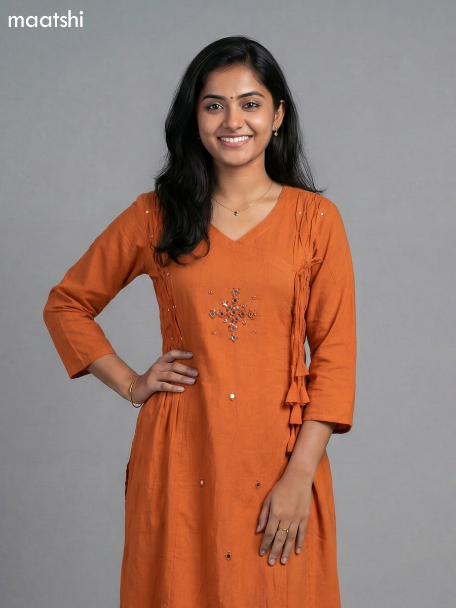 Orange Shade Cotton Mirror Work With Angrakha Pattern A-Line Suit