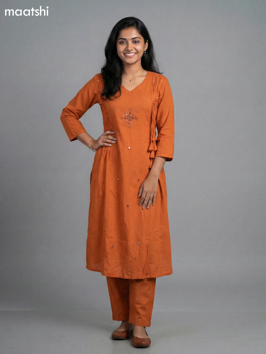 Orange Shade Cotton Mirror Work With Angrakha Pattern A-Line Suit