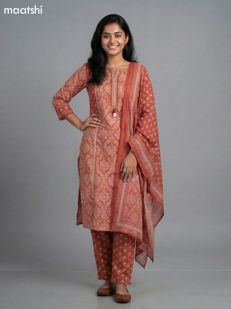 Rust Shade Cotton Printed Straight Suit