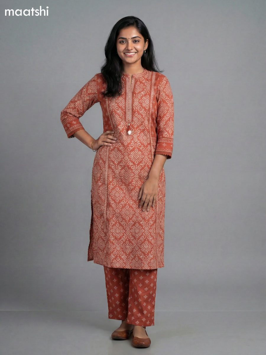 Rust Shade Cotton Printed Straight Suit